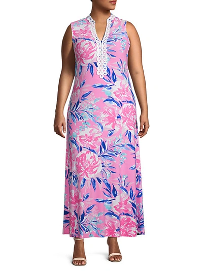 Shop Pappagallo Women's Plus Sleeveless Printed Maxi Dress In Cactus Rose