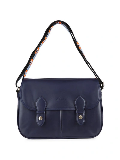 Shop Longchamp Stripe-strap Leather Messenger Bag In Navy