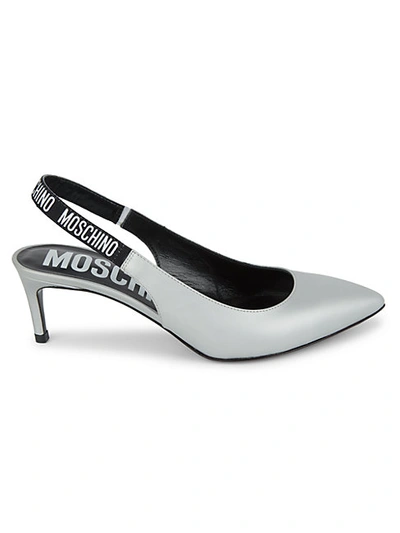 Shop Moschino Logo Leather Slingback Pumps In Silver Gum