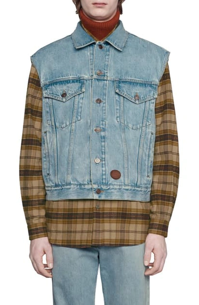 Shop Gucci Logo Leather Patch Washed Denim Vest In Light Blue