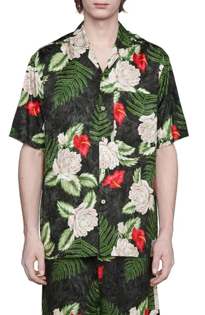 Shop Gucci Hawaiian Dream Short Sleeve Button-up Shirt In Black/ Green/ Mc