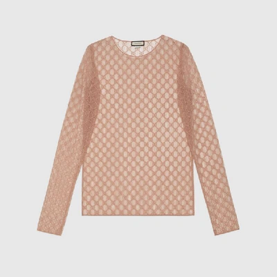 Shop Gucci Gg Embroidered Tulle Long-sleeve Top In Pale Pink