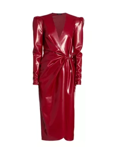 Shop Saint Laurent Latex Puff-sleeve Wrap Dress In Plum