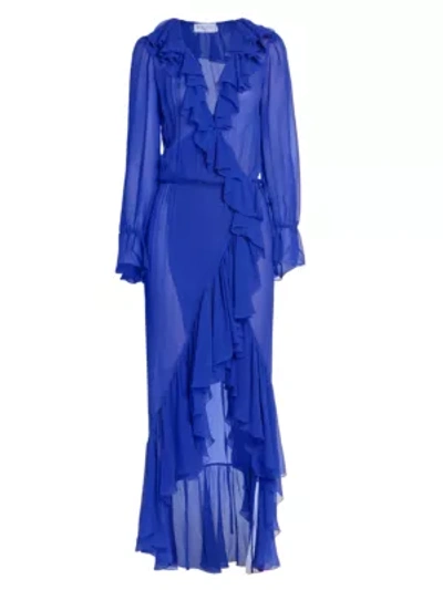 Shop Saint Laurent Women's Ruffled Sheer Wrap Midi Dress In Bright Blue