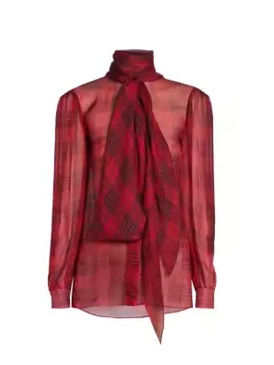 Shop Saint Laurent Women's Sheer Galle Check Tie Neck Blouse In Ruby