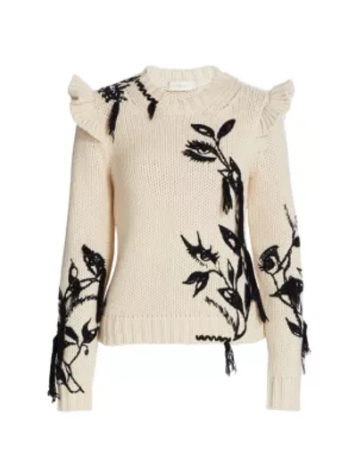 Shop Zimmermann Ladybeetle Ruffle Shoulder Embroidered Sweater In Cream