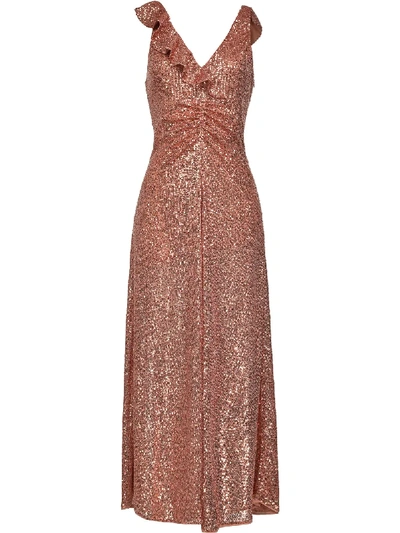 Shop Pinko Ruffle-detail Sequinned Evening Dress In Neutrals