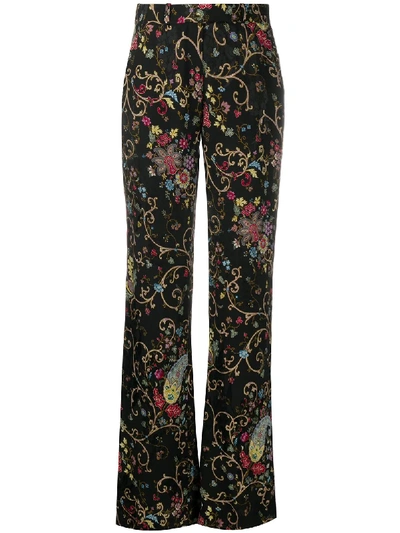 Shop Etro Floral-print High-waist Trousers In Black