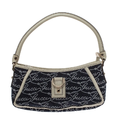 Pre-owned Gucci Navy Blue Signature Canvas And Leather Abbey D-ring Baguette Bag