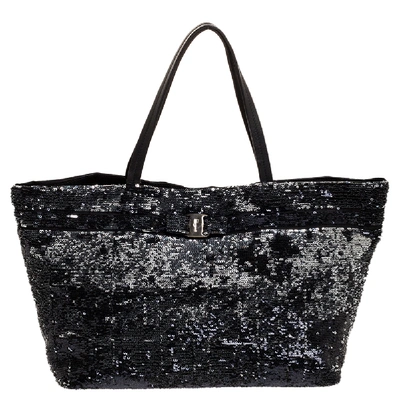 Pre-owned Ferragamo Black Sequins And Nylon Vara Bow Tote