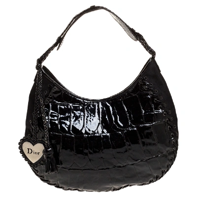 Pre-owned Dior Black Croc Embossed Patent Leather And Canvas Ethnic Hobo