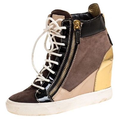 Pre-owned Giuseppe Zanotti Tricolor Suede Leather Wedge Sneakers Size 38 In Multicolor