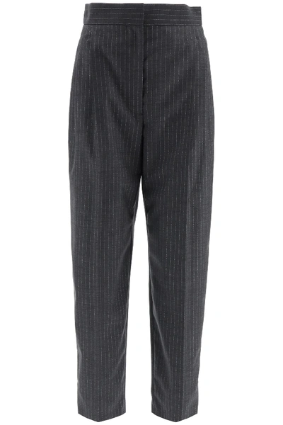 Shop Alexander Mcqueen Lurex Pinstripe Trousers In Grey,silver