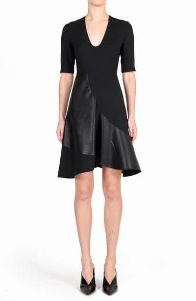 Shop Stella Mccartney Faux Leather & Wool Fit & Flare Dress In Black