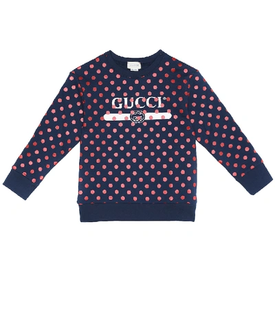 Shop Gucci Polka-dot Logo Cotton Sweatshirt In Blue