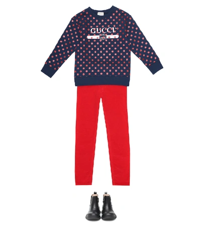 Shop Gucci Polka-dot Logo Cotton Sweatshirt In Blue