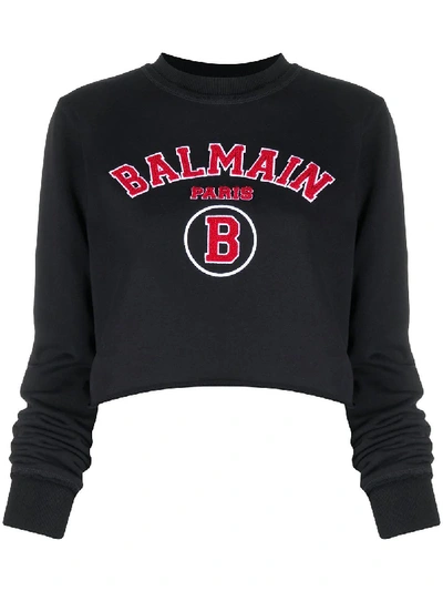 Shop Balmain Cropped Collegiate Logo Sweatshirt In Black