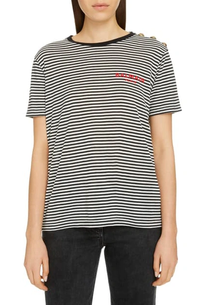 Shop Balmain Button Shoulder Stripe Logo T-shirt In Noir/ Rouge