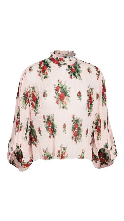 Shop Ganni Pleated Georgette Top In Cherry Blossom