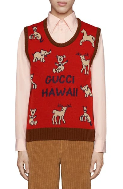 Gucci Hawaii Animal Jacquard Wool & Cotton Sweater Vest In Red | ModeSens