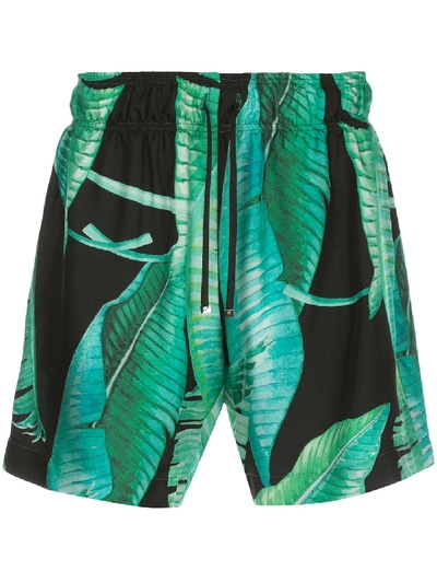 Shop Amiri Banana Leaf Satin Shorts In Blue