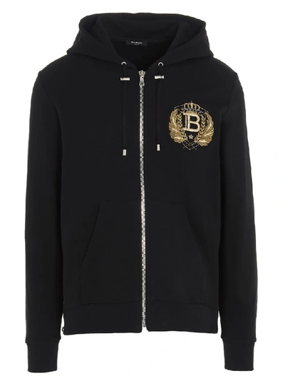 Shop Balmain Embroidered Zipped Hoodie In Black