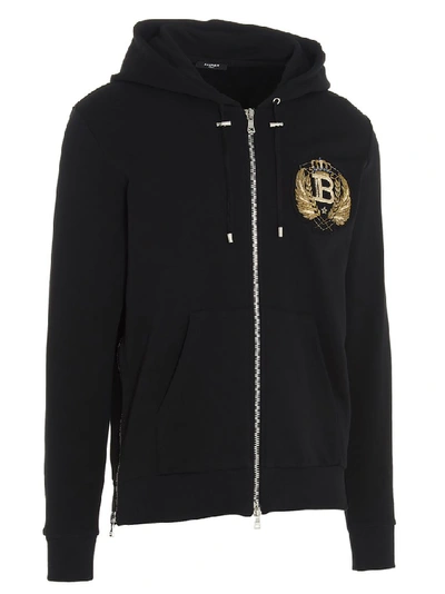 Shop Balmain Embroidered Zipped Hoodie In Black