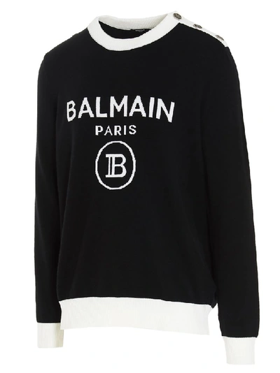 Shop Balmain Logo Intarsia Knitted Sweater In Black