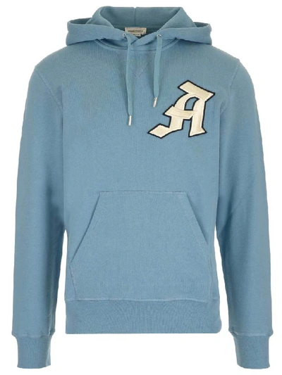 Shop Alexander Mcqueen Logo Embroidered Hoodie In Blue