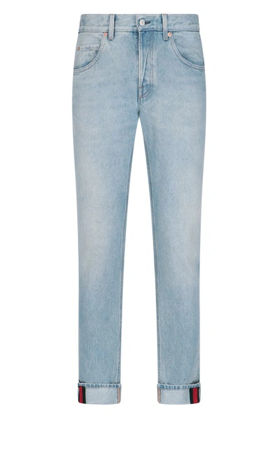 Shop Gucci Web Tapered Denim Jeans In Blue