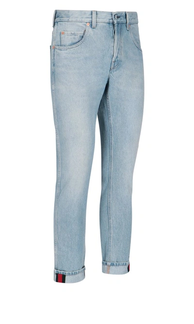 Shop Gucci Web Tapered Denim Jeans In Blue