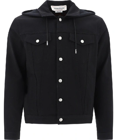 Shop Alexander Mcqueen Hooded Denim Jacket In Black