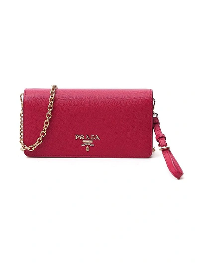 Shop Prada Logo Chain Strap Clutch Bag In Red