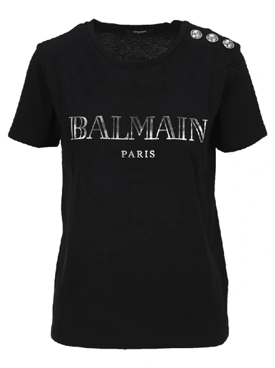 Shop Balmain Logo Print Button Detail T In Black