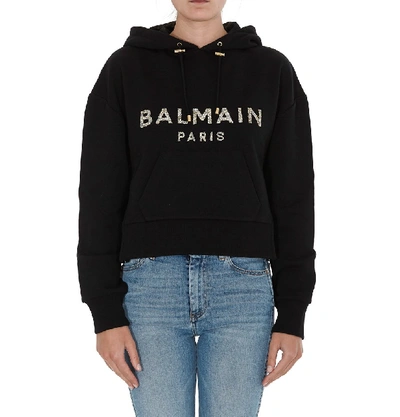 Shop Balmain Logo Embellished Cropped Hoodie In Black