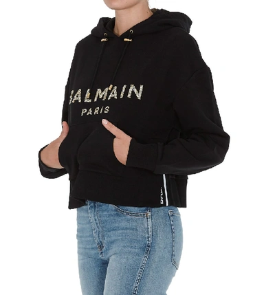 Shop Balmain Logo Embellished Cropped Hoodie In Black