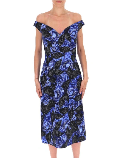 Shop Prada Floral Print Off Shoulder Midi Dress In Blue