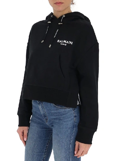 Shop Balmain Flocked Logo Cropped Hoodie In Black