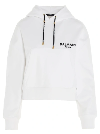 Shop Balmain Flocked Logo Cropped Hoodie In White