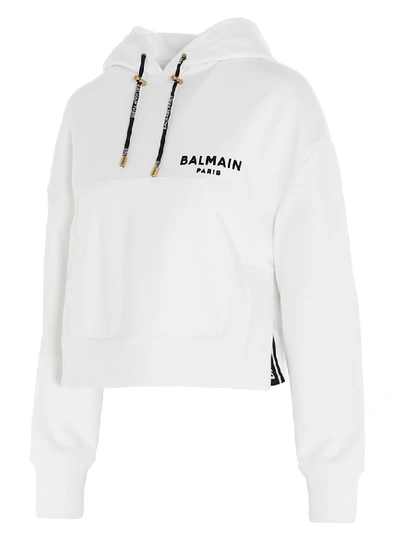 Shop Balmain Flocked Logo Cropped Hoodie In White