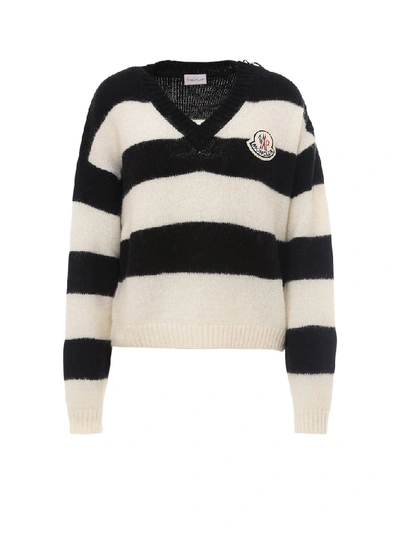 Shop Moncler Logo Patch Stripe Sweater In White