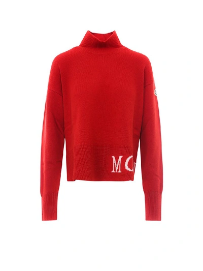 Shop Moncler Logo Turtleneck Knit Jumper In Red