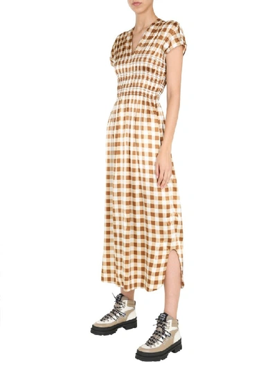 Shop Ganni Checkered Midi Dress In Brown