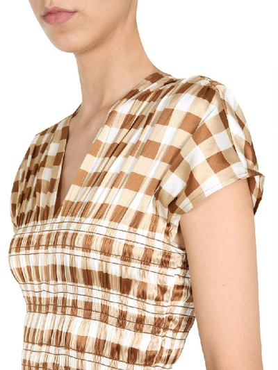 Shop Ganni Checkered Midi Dress In Brown