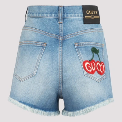 Shop Gucci Cherry Washed Denim Shorts In Blue