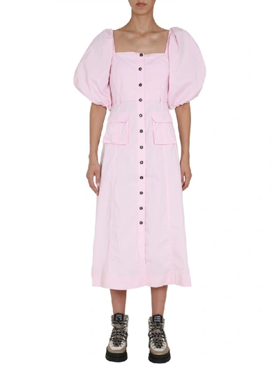 Shop Ganni Balloon Sleeve Midi Dress In Pink