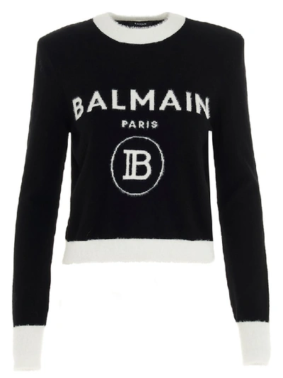 Shop Balmain Logo Intarsia Knitted Sweater In Black