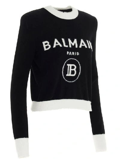 Shop Balmain Logo Intarsia Knitted Sweater In Black