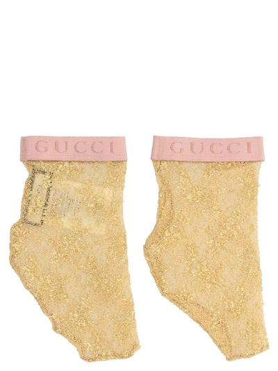 Shop Gucci Logo Lace Socks In Gold