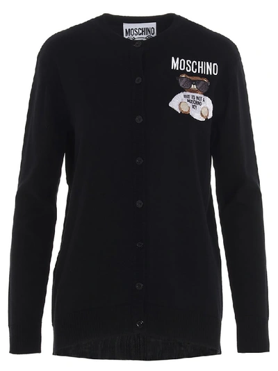 Shop Moschino Teddy Embroidered Cardigan In Black